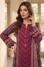 Red Wine 3 Piece Unstitched Premium Printed Lawn - Image 3