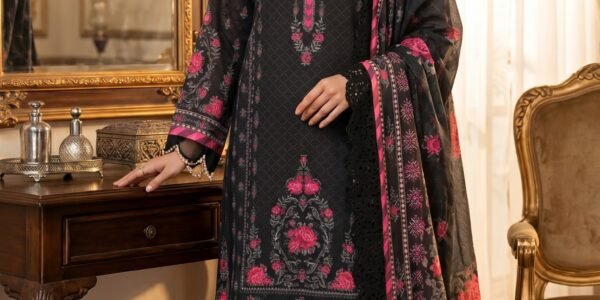 Black Floral Printed Premium Lawn 3-Piece Unstitched Suit