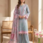 Pastel Blue Floral Printed Premium Lawn 3-Piece Unstitched Suit