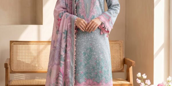 Pastel Blue Floral Printed Premium Lawn 3-Piece Unstitched Suit