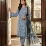 Sky Blue Floral Printed Premium Lawn 3-Piece Unstitched Suit
