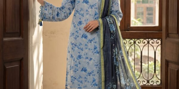 Sky Blue Floral Printed Premium Lawn 3-Piece Unstitched Suit