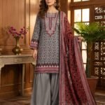 Maroon & Grey Printed Premium Lawn 3-Piece Unstitched Suit