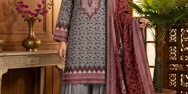 Maroon & Grey Printed Premium Lawn 3-Piece Unstitched Suit
