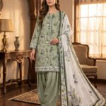 Olive Green Floral Printed Premium Lawn 3-Piece Unstitched Suit
