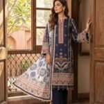 Navy Blue Floral Printed Premium Lawn 3-Piece Unstitched Suit