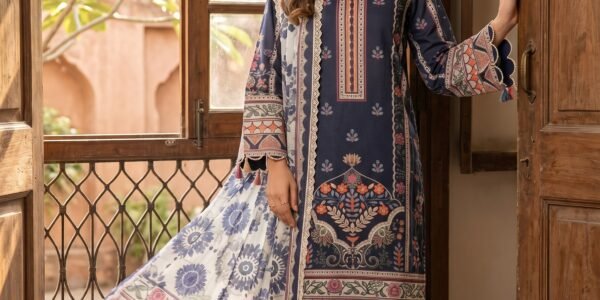 Navy Blue Floral Printed Premium Lawn 3-Piece Unstitched Suit