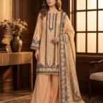 Beige & Blue Printed Premium Lawn 3-Piece Unstitched Suit