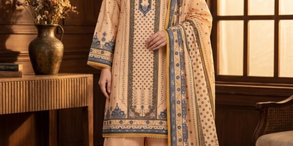 Beige & Blue Printed Premium Lawn 3-Piece Unstitched Suit