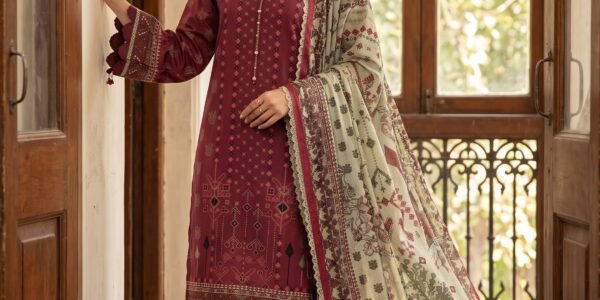 Maroon & Beige Traditional Printed Premium Lawn 3-Piece Unstitched Suit