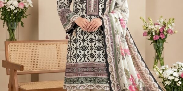 Black & White Floral Printed Premium Lawn 3-Piece Unstitched Suit