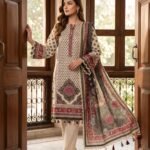 Beige & Maroon Traditional Printed Premium Lawn 3-Piece Unstitched Suit