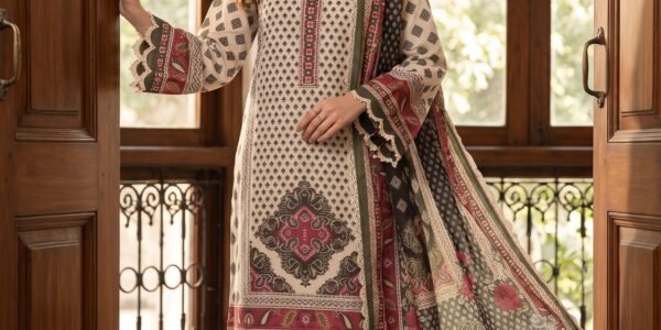 Beige & Maroon Traditional Printed Premium Lawn 3-Piece Unstitched Suit