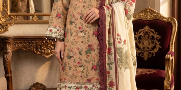 Beige Floral Printed Premium Lawn 3-Piece Unstitched Suit