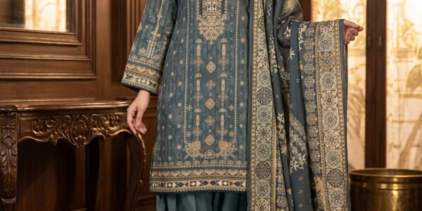 Teal Blue Traditional Printed Premium Lawn 3-Piece Unstitched Suit
