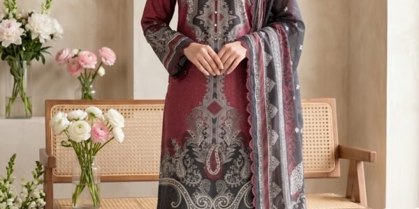 Maroon & Black Embroidered Premium Lawn 3-Piece Unstitched Suit