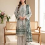 Mint Grey Printed Premium Lawn 3-Piece Unstitched Suit