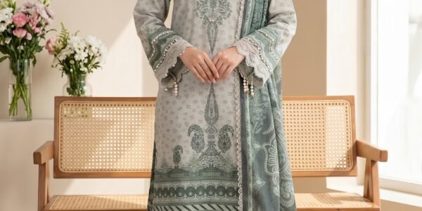 Mint Grey Printed Premium Lawn 3-Piece Unstitched Suit