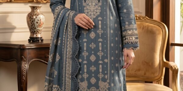 Slate Blue Embroidered Premium Lawn 3-Piece Suit