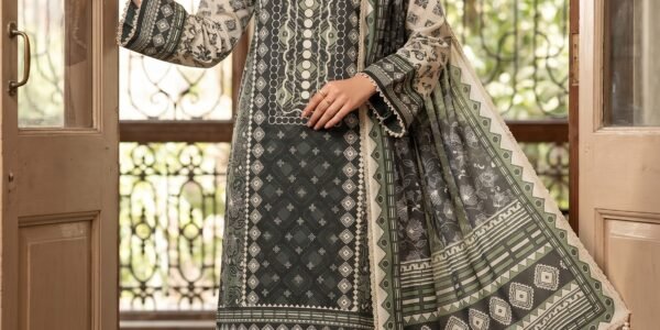 Olive Green Embroidered Premium Lawn 3-Piece Suit