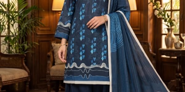 Navy Blue Printed Premium Lawn 3-Piece Unstitched Suit